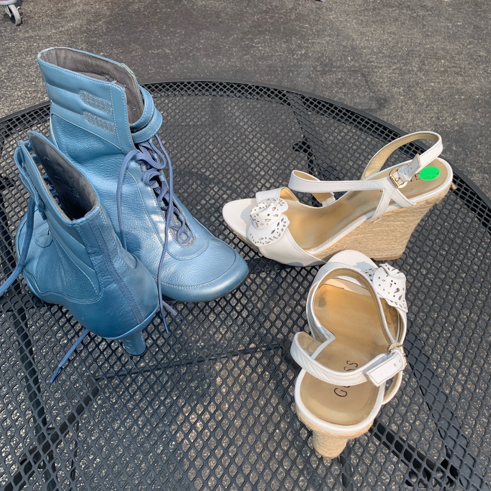 Blue booties & White wedge sandals